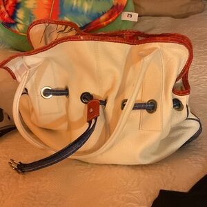 White and Red Leather Tote Bag with Floral Interior
